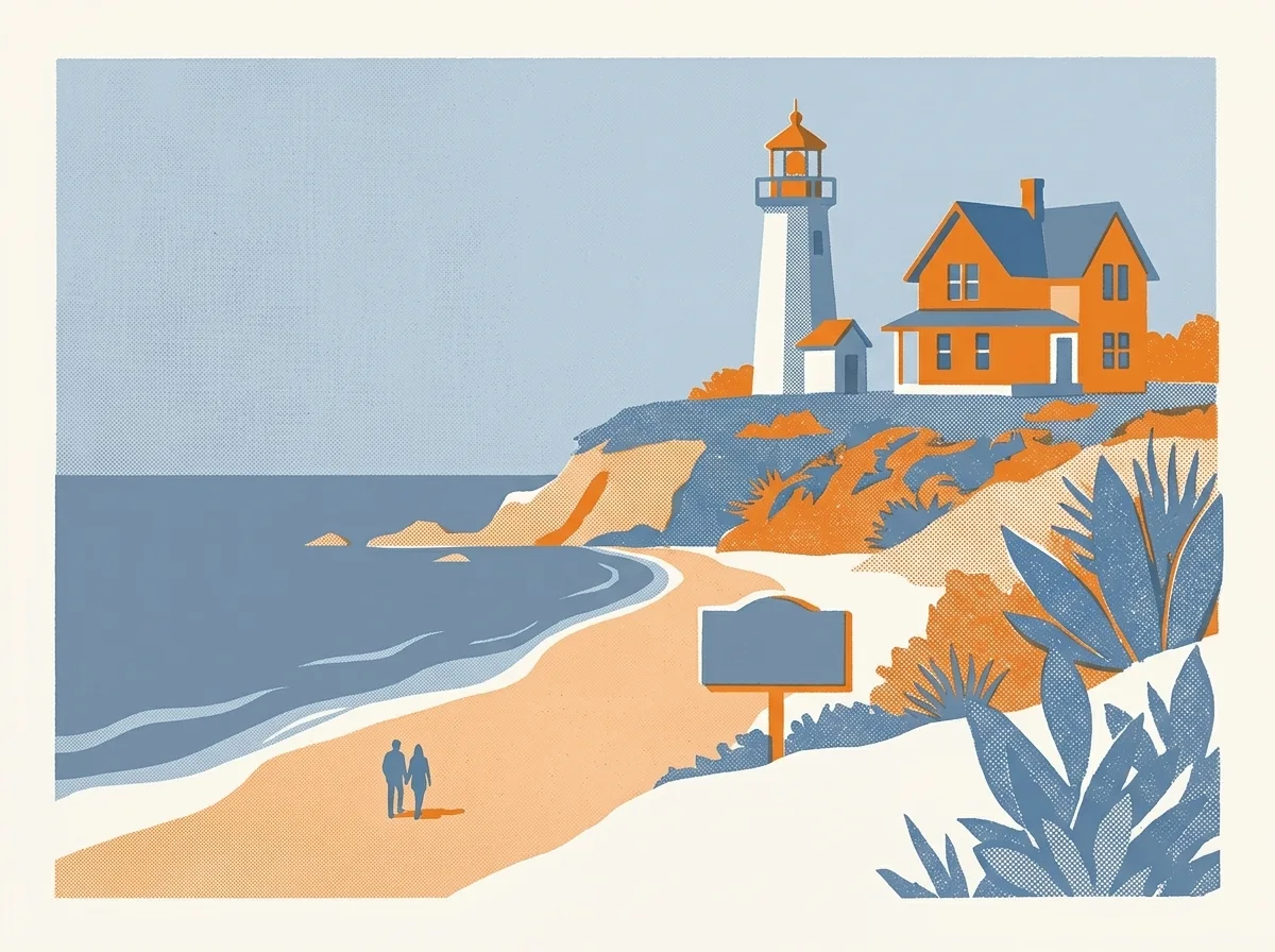 Illustration of a small lighthouse and keeper's house on a coastal bluff
