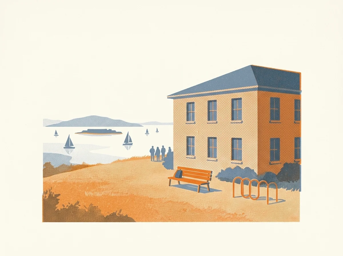 Illustration of a waterfront hostel building on a grassy hill by the bay