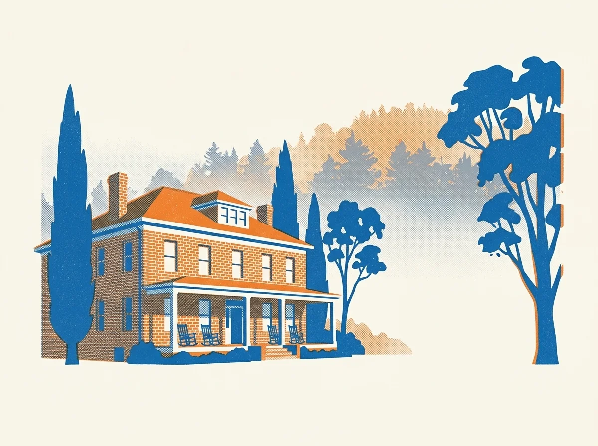 Illustration of a historic inn with a porch among Presidio trees